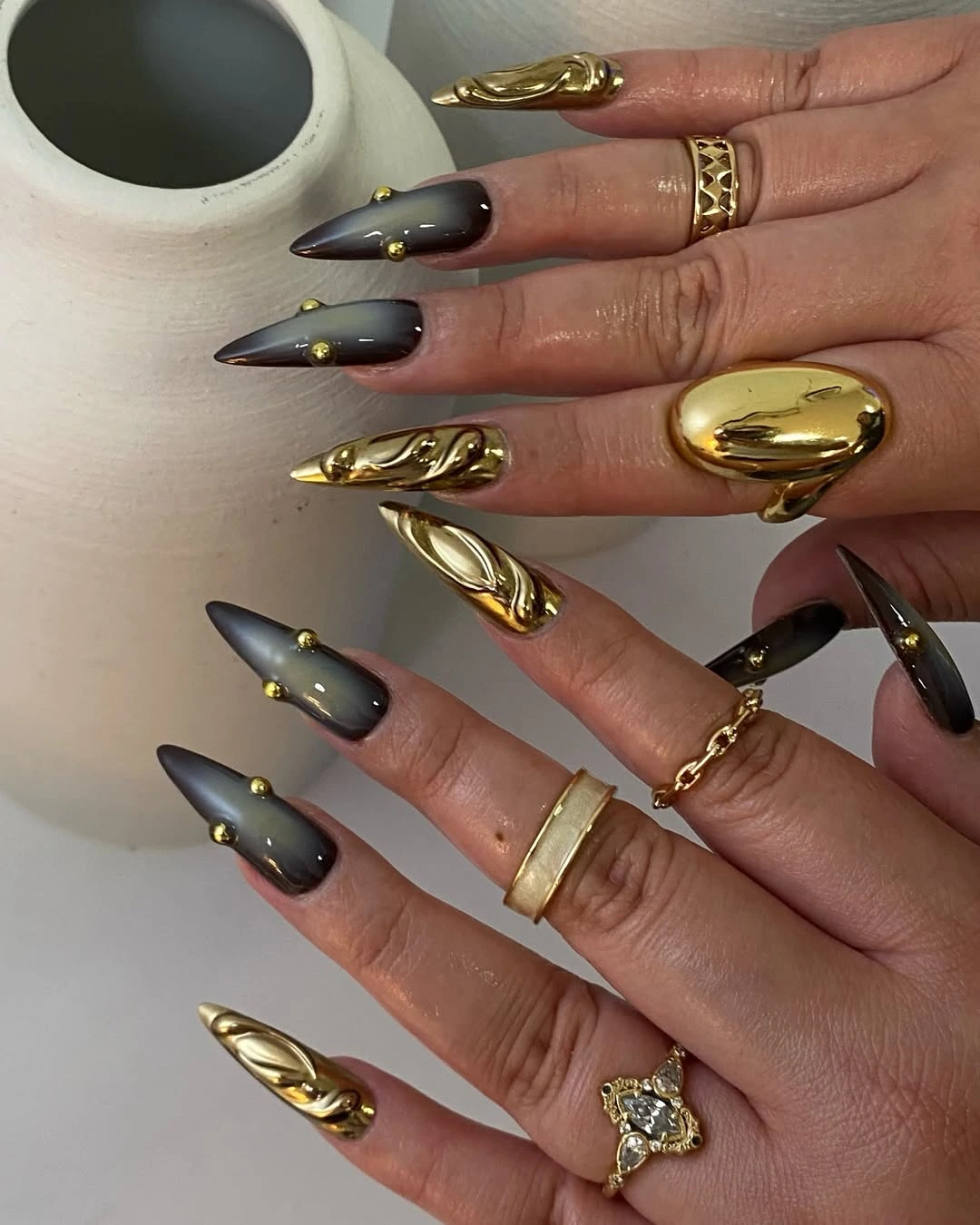 Black Nails with 3D Flowers