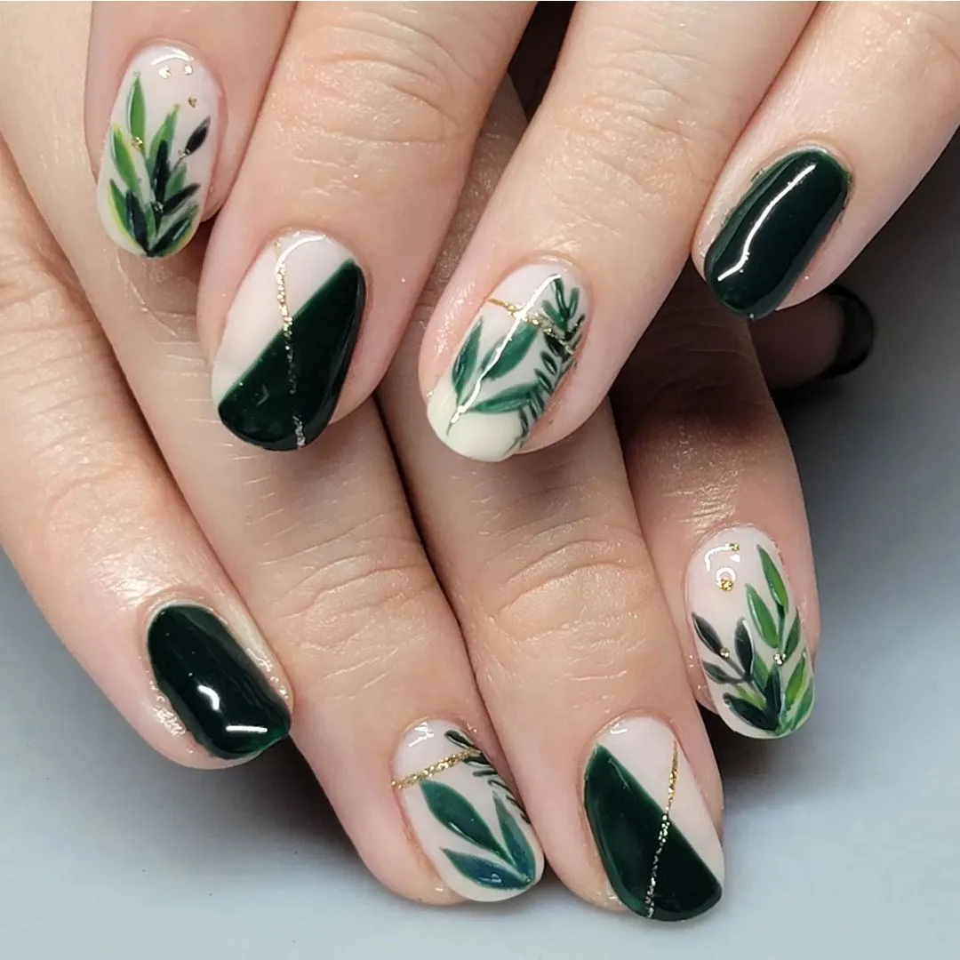 Monochrome Evergreen on Squoval Nails