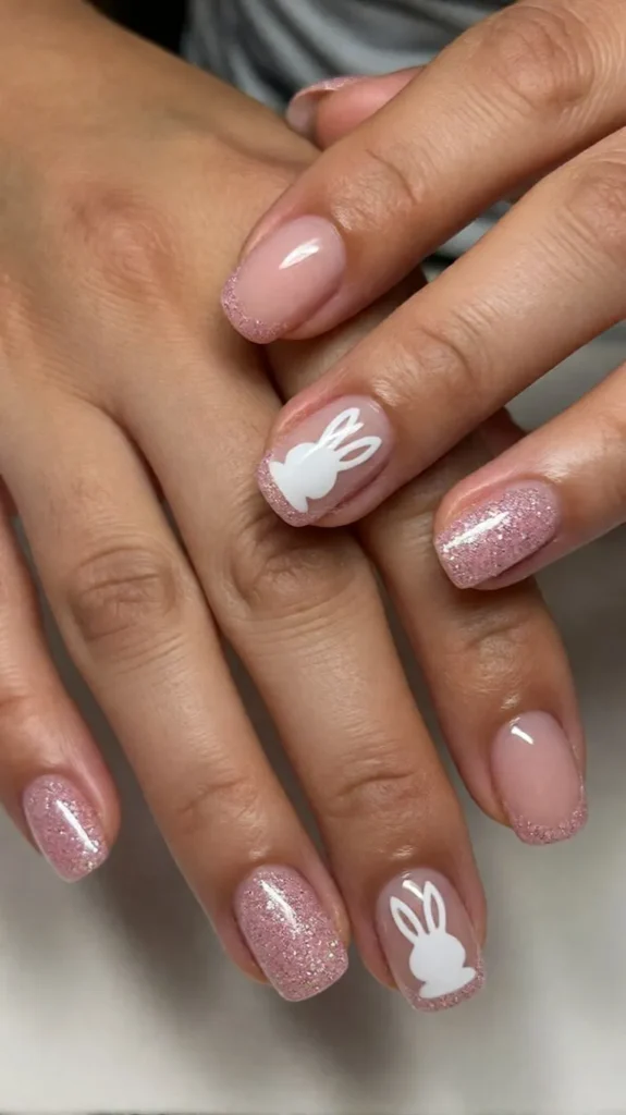 Easter Bunny Nails with Pink Glitter Accents