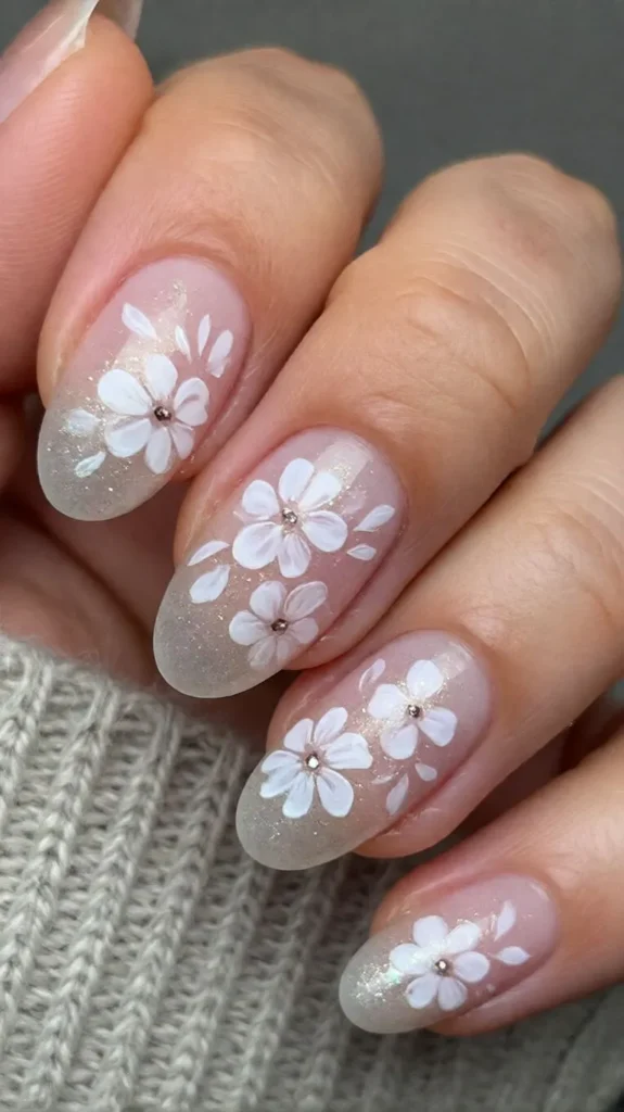 Floral Easter Nails with Glitter Background